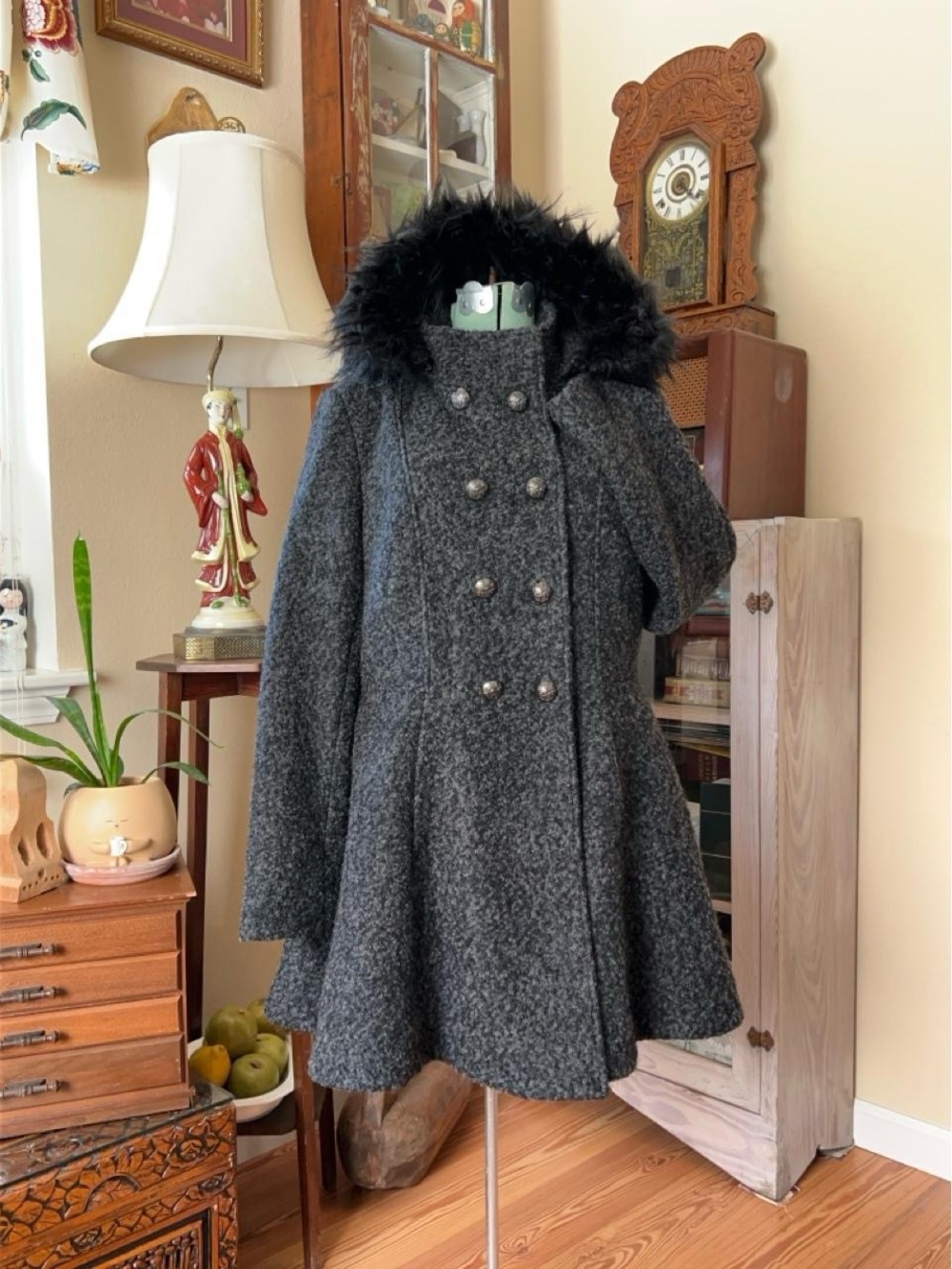 Liz Claiborne gray black Wool blend Peplum Dress Coat Fur Hood Jacket Women’s XL